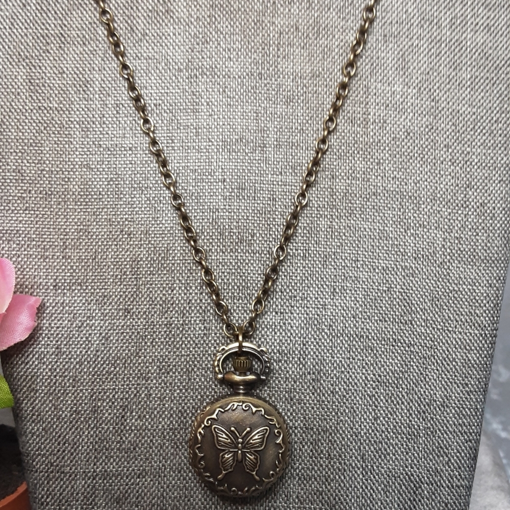 Handmade Pocket Watch Necklace 27" Long Bronze Butterfly